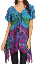Sakkas Daniela Womens Short Sleeves Loose Tie Dye Blouse Top Tunic Asymmetrical#color_Blue