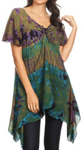 Sakkas Daniela Womens Short Sleeves Loose Tie Dye Blouse Top Tunic Asymmetrical#color_Olive
