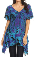 Sakkas Daniela Womens Short Sleeves Loose Tie Dye Blouse Top Tunic Asymmetrical#color_Purple