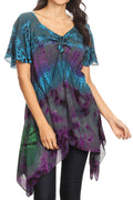Sakkas Daniela Womens Short Sleeves Loose Tie Dye Blouse Top Tunic Asymmetrical#color_Turquoise