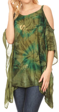 Sakkas Lucia Women's Tie Dye Embroidered Cold Shoulder Loose Tunic Blouse Top Tank#color_Avocado/Green