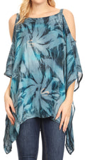 Sakkas Lucia Women's Tie Dye Embroidered Cold Shoulder Loose Tunic Blouse Top Tank#color_Grey/Blue