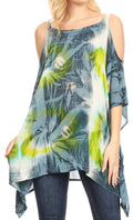 Sakkas Lucia Women's Tie Dye Embroidered Cold Shoulder Loose Tunic Blouse Top Tank#color_Grey/White