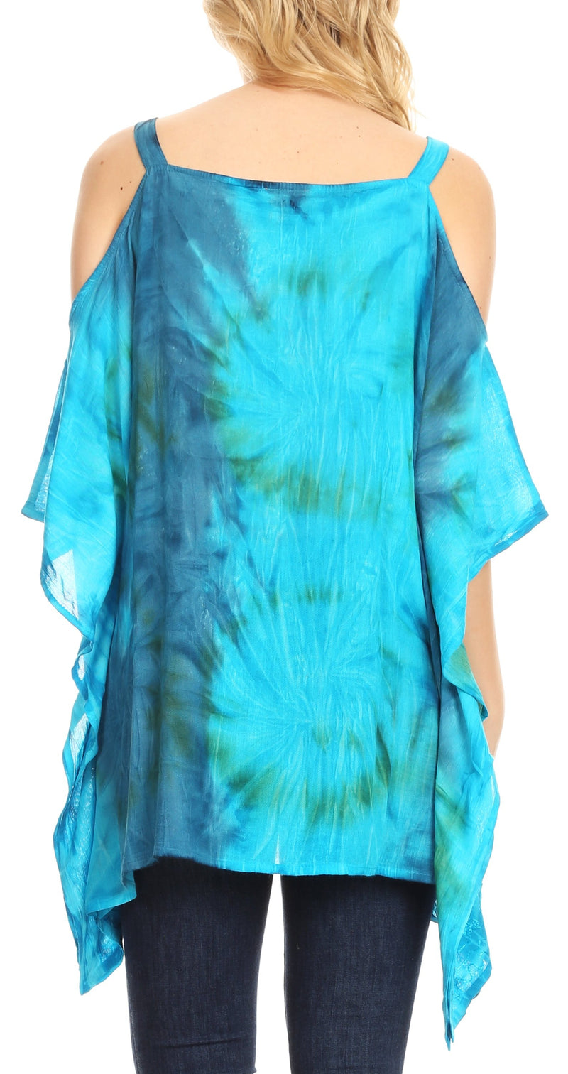 Sakkas Lucia Women's Tie Dye Embroidered Cold Shoulder Loose Tunic Blo