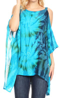 Sakkas Lucia Women's Tie Dye Embroidered Cold Shoulder Loose Tunic Blouse Top Tank#color_Turquoise/Blue