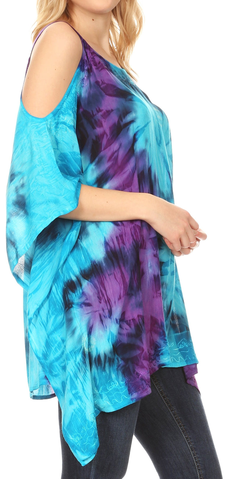 Sakkas Lucia Women's Tie Dye Embroidered Cold Shoulder Loose Tunic Blouse Top Tank