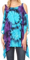Sakkas Lucia Women's Tie Dye Embroidered Cold Shoulder Loose Tunic Blouse Top Tank#color_Turquoise/Purple