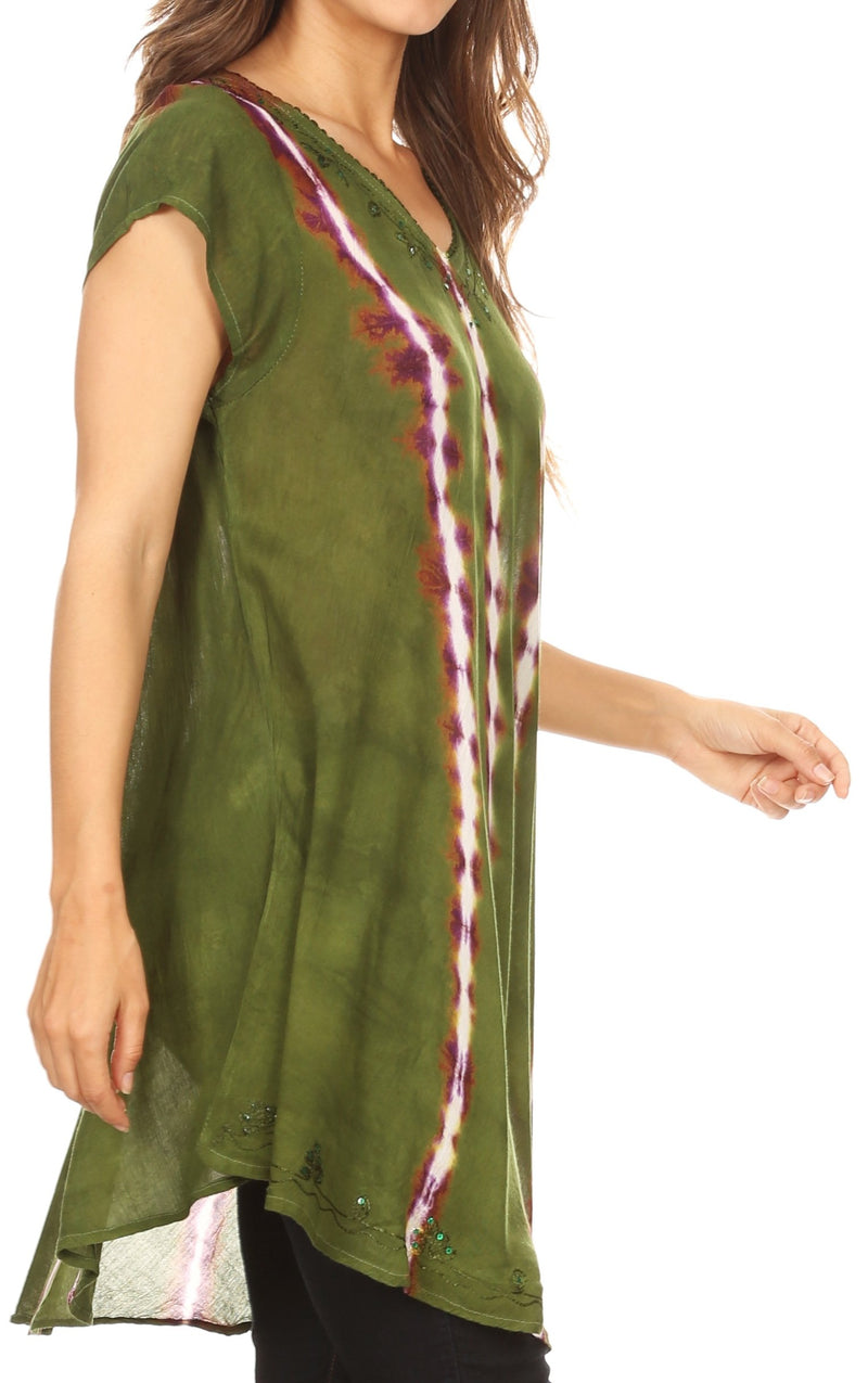 Sakkas Maite Womens Tie Dye V neck Tunic Top Ethnic Summer Style Flowy w/sequin