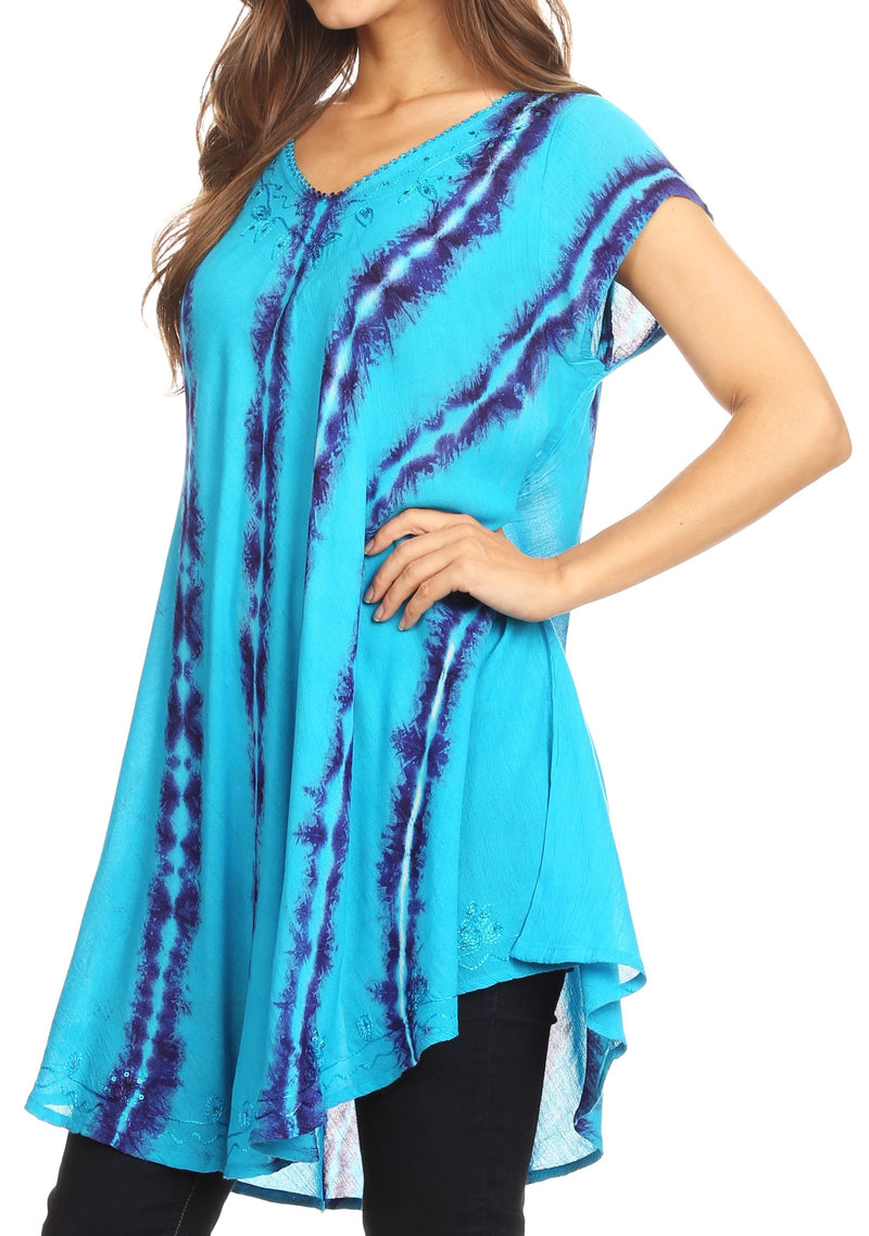 Sakkas Maite Womens Tie Dye V neck Tunic Top Ethnic Summer Style Flowy w/sequin