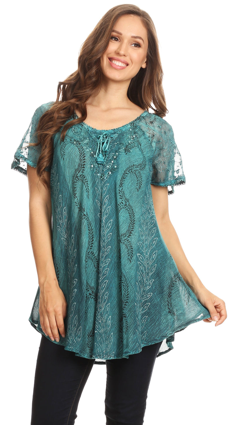 Sakkas Amanda Flowy Summer Casual Blouse Top Stonewashed with Embroidery & Corset