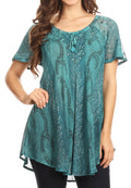 Sakkas Amanda Flowy Summer Casual Blouse Top Stonewashed with Embroidery & Corset#color_Turquoise