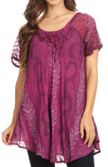 Sakkas Amanda Flowy Summer Casual Blouse Top Stonewashed with Embroidery & Corset#color_Fuchsia