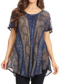 Sakkas Amanda Flowy Summer Casual Blouse Top Stonewashed with Embroidery & Corset#color_Navy