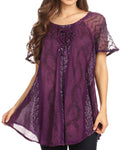Sakkas Amanda Flowy Summer Casual Blouse Top Stonewashed with Embroidery & Corset#color_Purple