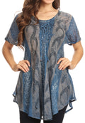 Sakkas Amanda Flowy Summer Casual Blouse Top Stonewashed with Embroidery & Corset#color_SteelBlue