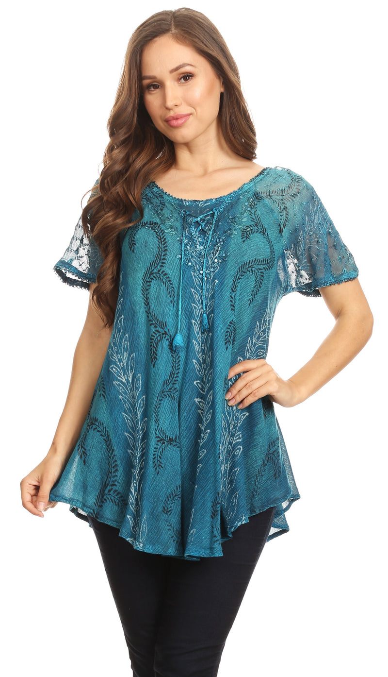 Sakkas Amanda Flowy Summer Casual Blouse Top Stonewashed with Embroidery & Corset