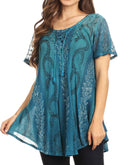 Sakkas Amanda Flowy Summer Casual Blouse Top Stonewashed with Embroidery & Corset#color_Teal