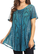 Sakkas Amanda Flowy Summer Casual Blouse Top Stonewashed with Embroidery & Corset
