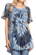 Sakkas Hira Women Short Sleeve Eyelet Lace Blouse Top in Tie-dye with Corset Flowy#color_Blue