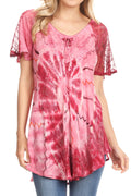 Sakkas Hira Women Short Sleeve Eyelet Lace Blouse Top in Tie-dye with Corset Flowy#color_Fuchsia