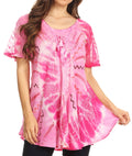 Sakkas Hira Women Short Sleeve Eyelet Lace Blouse Top in Tie-dye with Corset Flowy#color_Pink