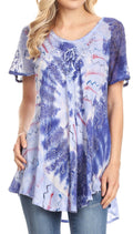 Sakkas Hira Women Short Sleeve Eyelet Lace Blouse Top in Tie-dye with Corset Flowy#color_RoyalBlue