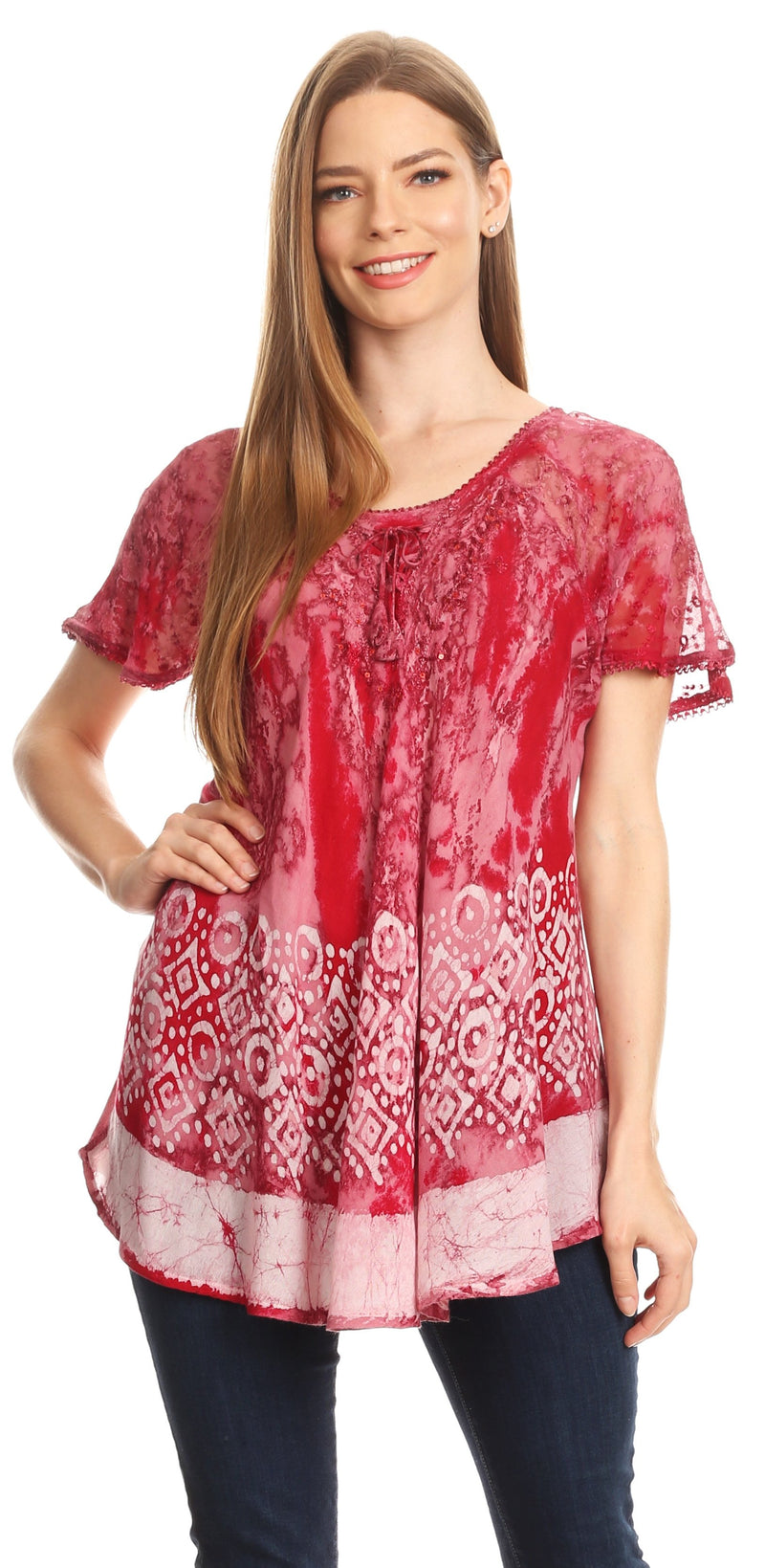 Sakkas Sara Womens Flowy Peasant Short Sleeve Top Blouse Tie-dye Batik Embroidery