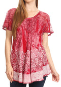 Sakkas Sara Womens Flowy Peasant Short Sleeve Top Blouse Tie-dye Batik Embroidery#color_Burgundy