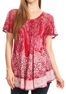 Sakkas Sara Womens Flowy Peasant Short Sleeve Top Blouse Tie-dye Batik Embroidery
