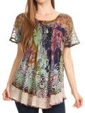 Sakkas Sara Womens Flowy Peasant Short Sleeve Top Blouse Tie-dye Batik Embroidery#color_Mint/Purple