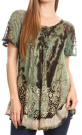Sakkas Sara Womens Flowy Peasant Short Sleeve Top Blouse Tie-dye Batik Embroidery#color_Olive