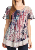 Sakkas Sara Womens Flowy Peasant Short Sleeve Top Blouse Tie-dye Batik Embroidery#color_Purple
