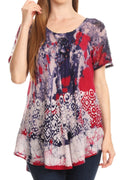 Sakkas Sara Womens Flowy Peasant Short Sleeve Top Blouse Tie-dye Batik Embroidery#color_Raspberry