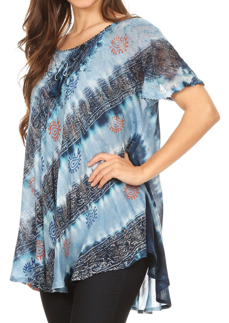 Sakkas Flavia Womens Everyday Blouse Top with Tie-dye & Block Print Light and Soft