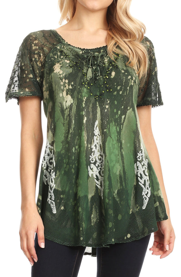 Sakkas Jannat  Short Sleeve Casual Work Top Blouse in Tie-Dye with Embroidery Lace#color_Green