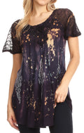 Sakkas Jannat  Short Sleeve Casual Work Top Blouse in Tie-Dye with Embroidery Lace#color_Indigo-tan