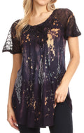 Sakkas Jannat  Short Sleeve Casual Work Top Blouse in Tie-Dye with Embroidery Lace#color_Indigo-tan 