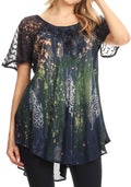 Sakkas Jannat  Short Sleeve Casual Work Top Blouse in Tie-Dye with Embroidery Lace#color_Navy