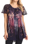Sakkas Jannat  Short Sleeve Casual Work Top Blouse in Tie-Dye with Embroidery Lace#color_Purple-tan