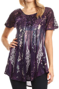 Sakkas Jannat  Short Sleeve Casual Work Top Blouse in Tie-Dye with Embroidery Lace#color_Purple-Turquoise