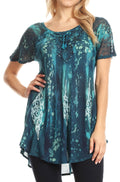 Sakkas Jannat  Short Sleeve Casual Work Top Blouse in Tie-Dye with Embroidery Lace#color_Teal