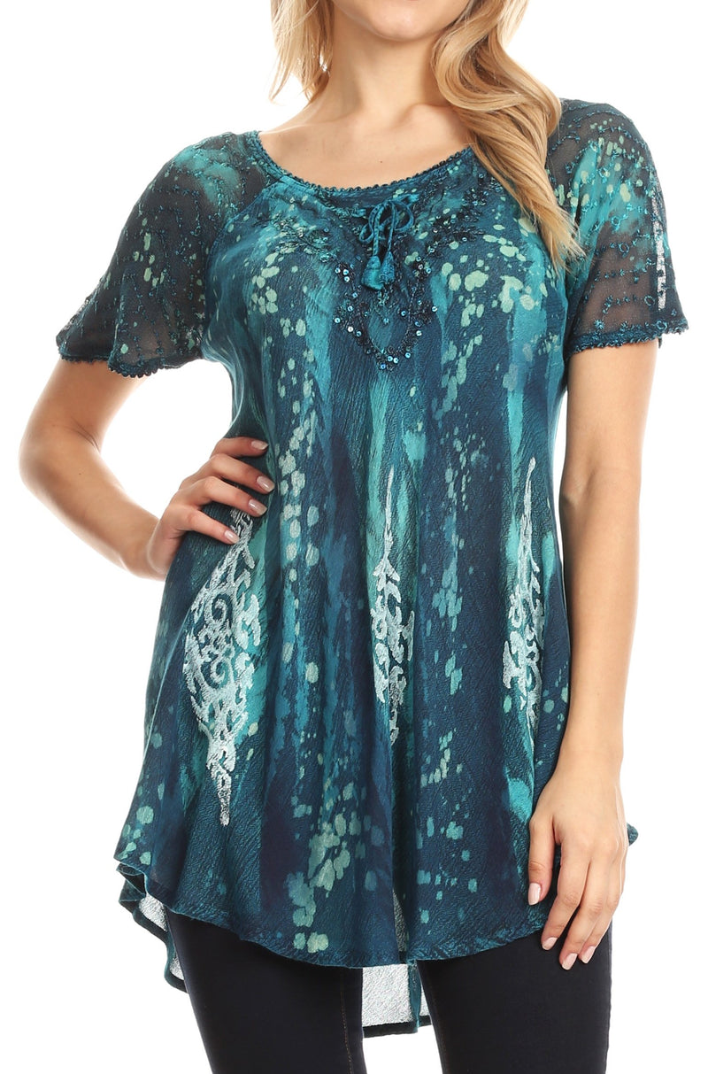 Sakkas Jannat  Short Sleeve Casual Work Top Blouse in Tie-Dye with Embroidery Lace