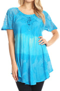 Sakkas Parisa Casual Summer Short Sleeve Top Blouse with Corset and Embroidery#color_Turquoise
