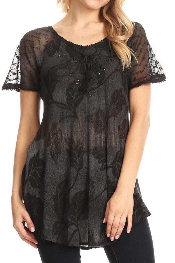 Sakkas Parisa Casual Summer Short Sleeve Top Blouse with Corset and Embroidery#color_Black