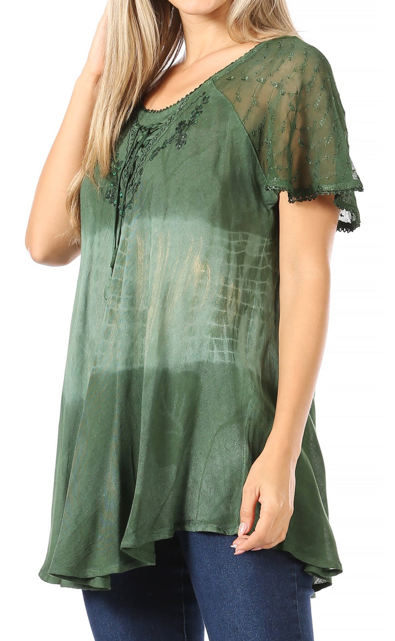 Sakkas Parisa Casual Summer Short Sleeve Top Blouse with Corset and Embroidery