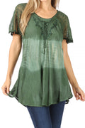 Sakkas Parisa Casual Summer Short Sleeve Top Blouse with Corset and Embroidery#color_Green