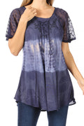 Sakkas Parisa Casual Summer Short Sleeve Top Blouse with Corset and Embroidery#color_Navy
