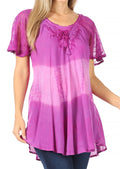 Sakkas Parisa Casual Summer Short Sleeve Top Blouse with Corset and Embroidery#color_Purple