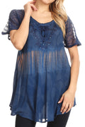 Sakkas Parisa Casual Summer Short Sleeve Top Blouse with Corset and Embroidery#color_SteelBlue