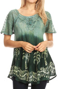 Sakkas Magda Womens Short Sleeve Flare Bohemian Blouse Top Lace Batik Printed#color_Green